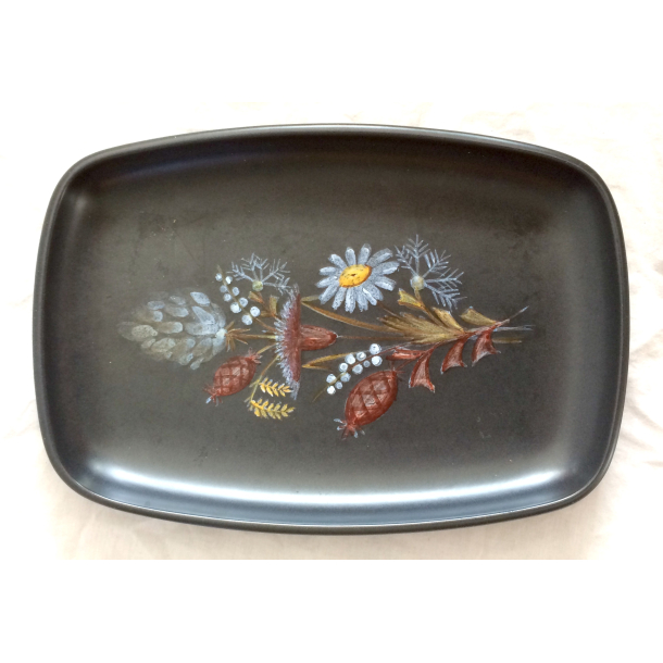 Retro Keramik - Bordfad - Sort - Blomster - 35 cm.