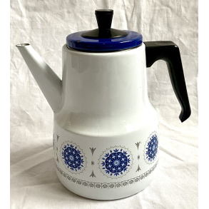 Emalje Stel - Retro Kaffekande - Hvid - Bl Cirkler - 21 cm.