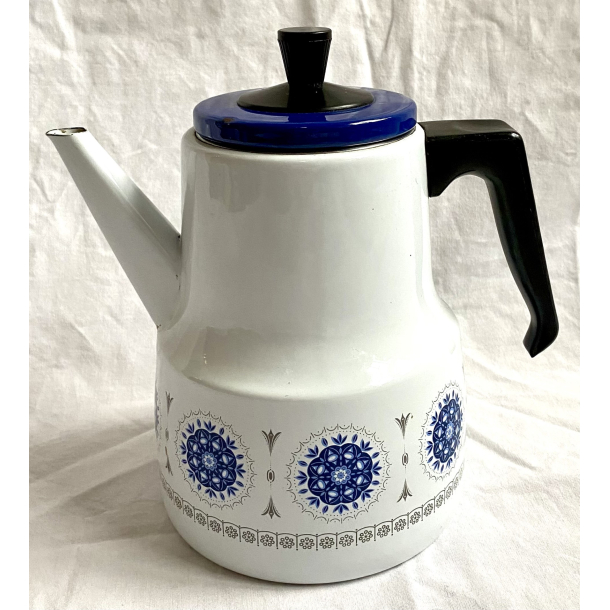 Emalje Stel - Retro Kaffekande - Hvid - Bl Cirkler - 21 cm.