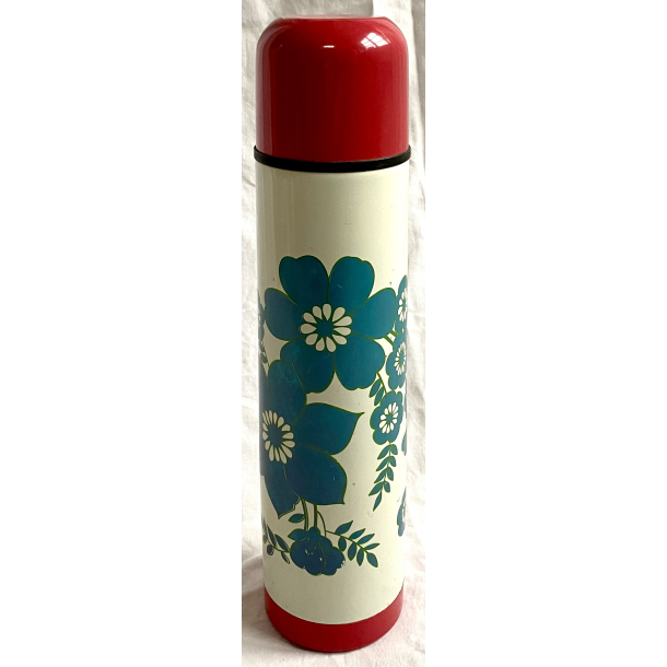 Retro Termoflaske - Hvid &amp; Rd - Blgrnne Blomster - 33 cm. - House Doctor