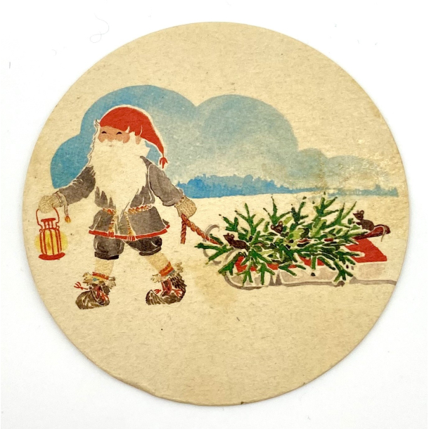 Gammelt Julepynt - Glasbrik - Nisse Med Juletr - 10 cm.