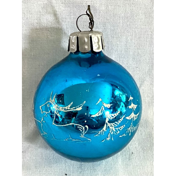 Gammelt Julepynt - Julekugle - Bl - Rensdyr - 5,5 cm.