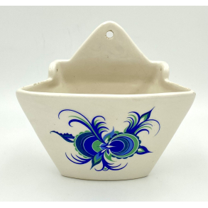 Retro K�kkenbeholder - Fajance - Hvid - Bl�t & Gr�nt M�nster - 16,5 cm.