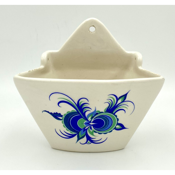 Retro K�kkenbeholder - Fajance - Hvid - Bl�t &amp; Gr�nt M�nster - 16,5 cm.