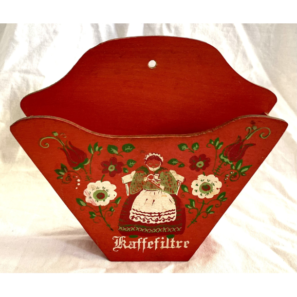 Retro Kaffefilterholder - Malet Tr - Rd - Blomster - 19,5 cm.