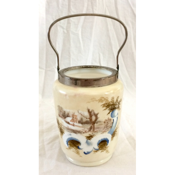 Gammel Kiksespand - Landskab - Hndmalet Opalineglas - 17 cm.