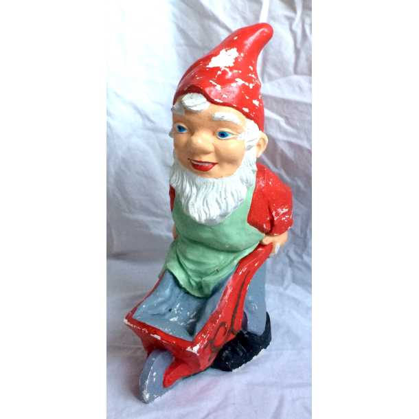 Gammel Nisse Med Trillebr - Havenisse - Hndmalet Gips - 33,5 cm.