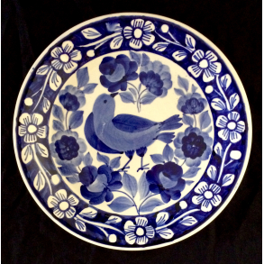 Gammel Polsk Platte - Fajance - Bl - Fugl - 24 cm.