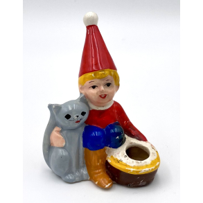 Retro Julepynt - Lysestage - Nisse Med Kat - Hndmalet Keramik - 9 cm.