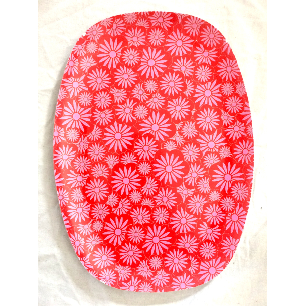 Rice Tallerken/Serveringsfad - Rektangulr - Rd - Blomster - Melamin - 30 cm.