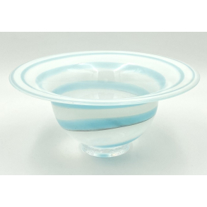 Skandinavisk Bordsk�l - Mundbl�st Glas - Turkise & Hvide Striber - 23 cm.