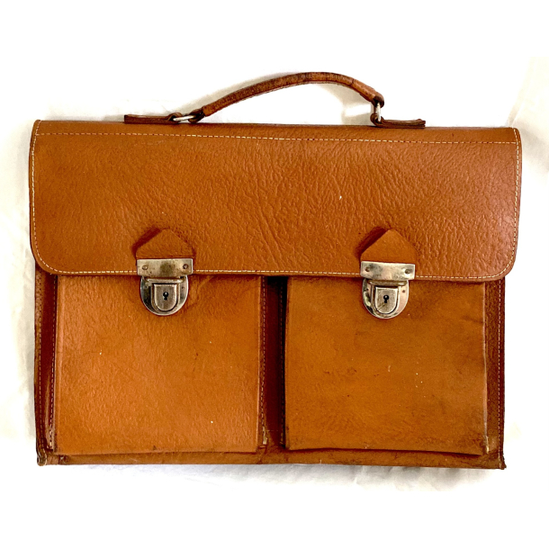 Retro Skoletaske - Lysebrunt L�der - 1970'erne - 41 cm.