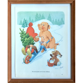 Retro Julebillede - Gris Med Nisse P Trillebr - Vilhelm Hansen - 32 cm.