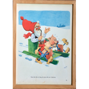 Retro Julebillede - Nissefar & Gris P Sldetur - Vilhelm Hansen - 31,5 cm.