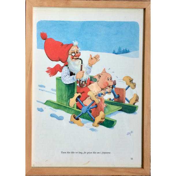 Retro Julebillede - Nissefar &amp; Gris P Sldetur - Vilhelm Hansen - 31,5 cm.