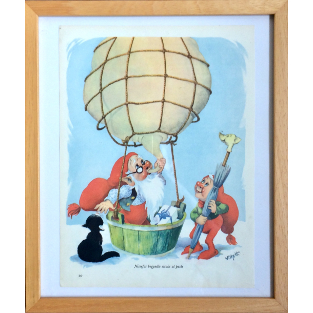 Retro Julebillede - Nissefar I Luftballon - Vilhelm Hansen - 33 cm.