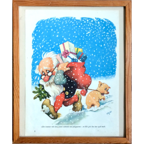 Retro Julebillede - Nissefar Med Gavesk - Vilhelm Hansen - 31 cm.