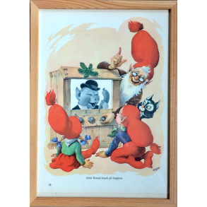 Retro Julebillede - Nisserne Ser Fjernsyn - Vilhelm Hansen - 31,5 cm.