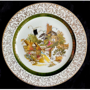 Middagstallerken - Engelsk Landskab & Guldtryk - Landsby - 23 cm. - Wood & Sons